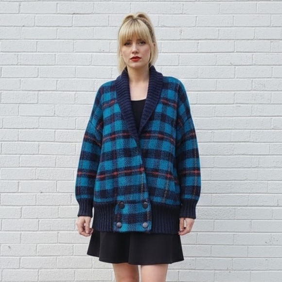 Vintage Sweaters - Vintage 1980s Oversized Knit Cardigan Sweater Blue Plaid Shawl Collar Preppy